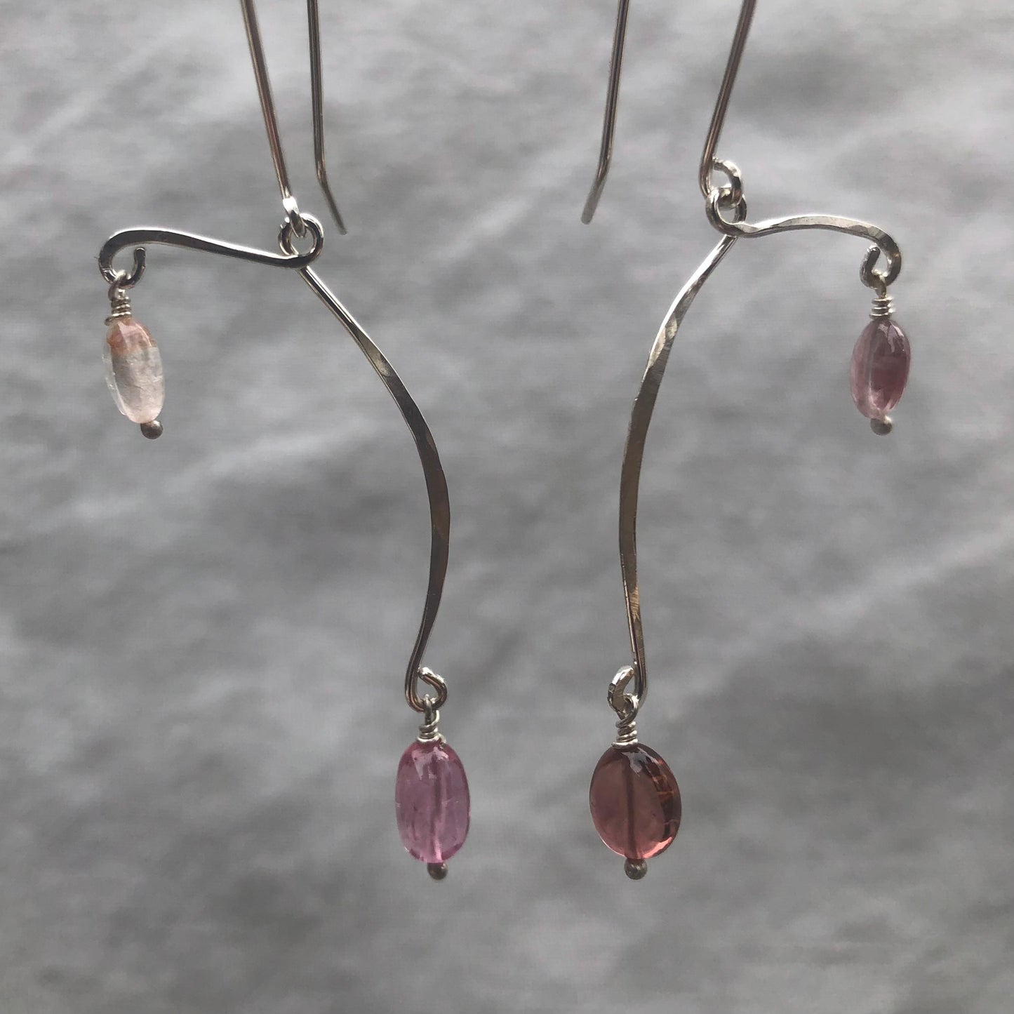 Kinetic sculptural pink tourmaline earrings in argentium sterling silver // Pink tourmaline Calder earrings
