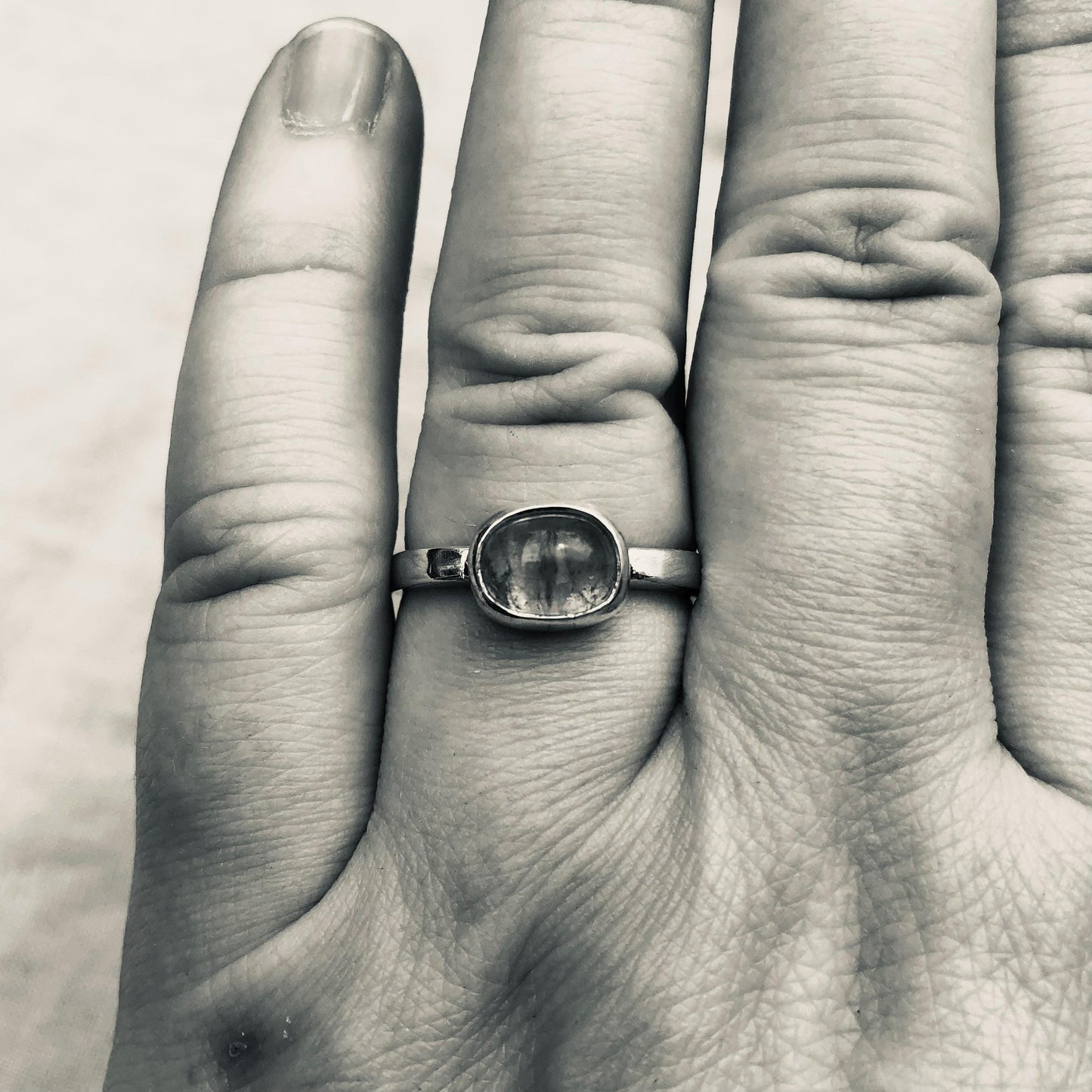 Lagoon blue tourmaline cabochon ring in argentium sterling silver // Sky blue tourmaline ring // U.S. size 8 1/2