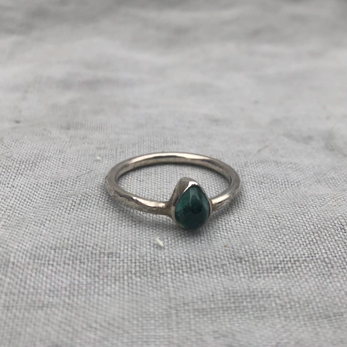 Teal teardrop tourmaline ring in argentium sterling silver, U.S. size 8 3/4