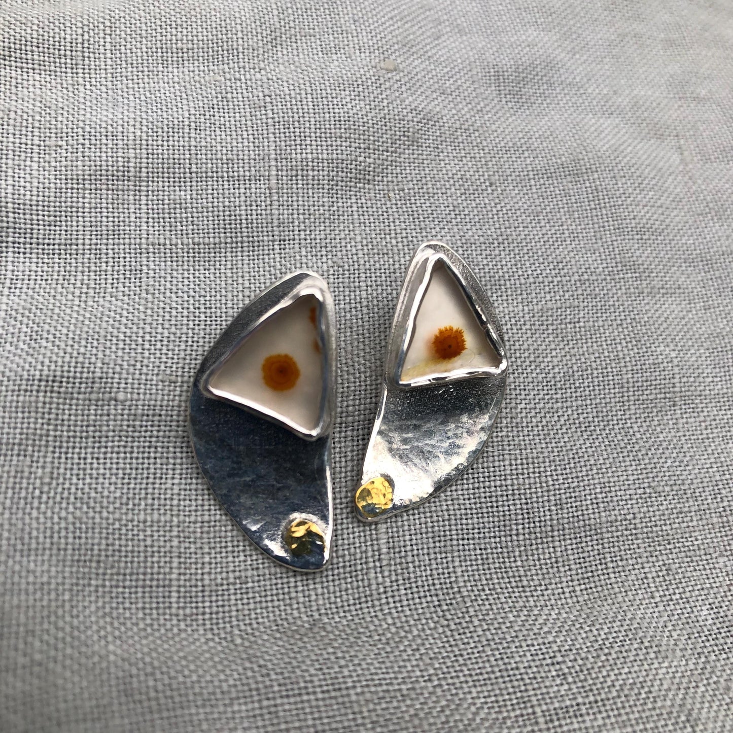 Mixed-metal dendritic agate earrings in argentium sterling silver with 24 karat gold