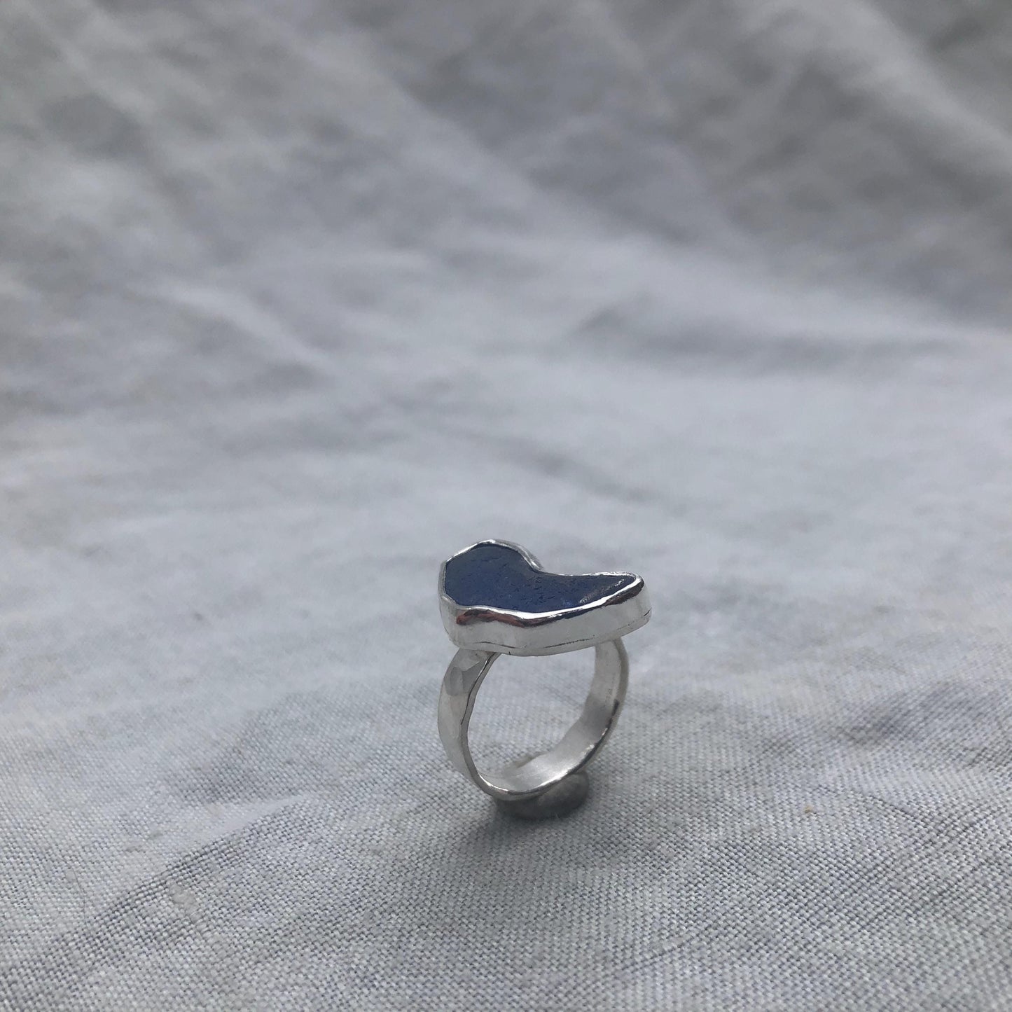 Freeform blue sea glass ring in argentium sterling silver // Bean-shaped found beach glass ring // U.S. size 5