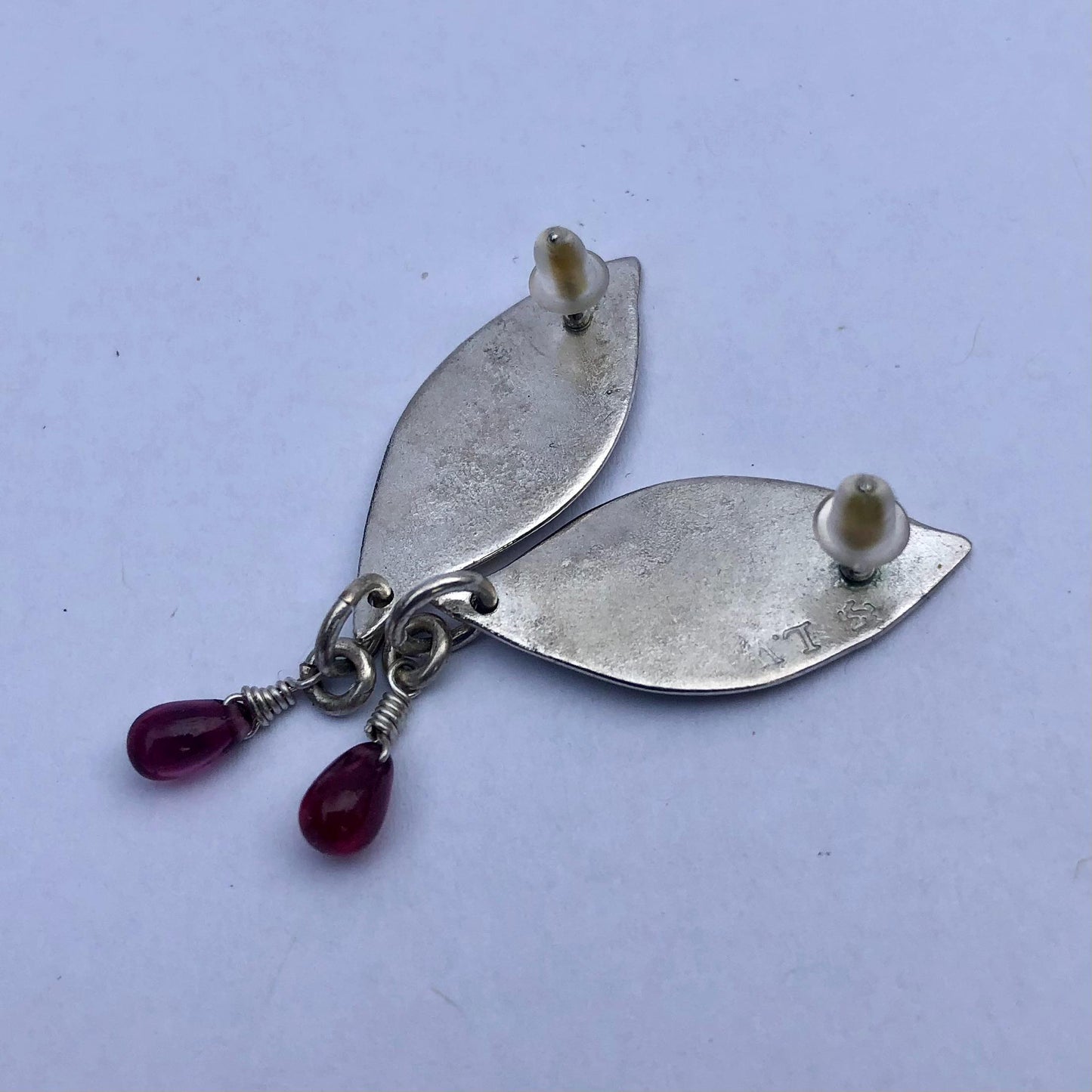 Mixed-metal garnet earrings in argentium sterling silver and 24 karat gold