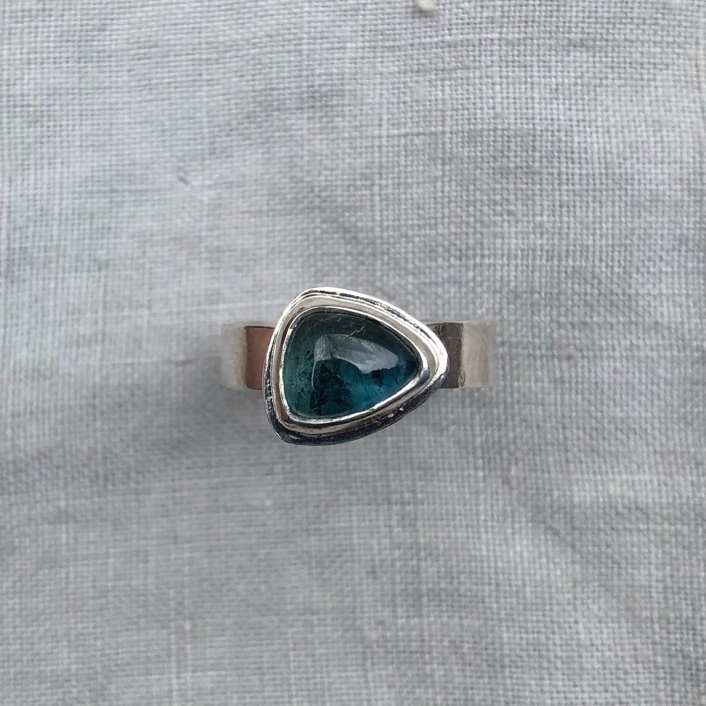 Teal blue-green tourmaline cabochon ring in argentium sterling silver // U.S. size 7