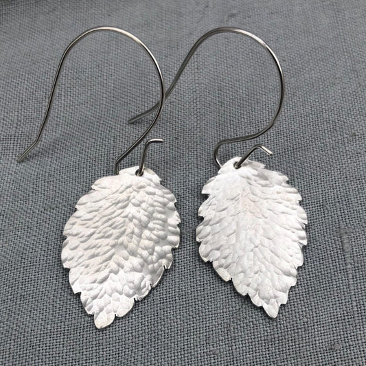 Beech leaf earrings in hammered argentium sterling silver // Botanical earrings