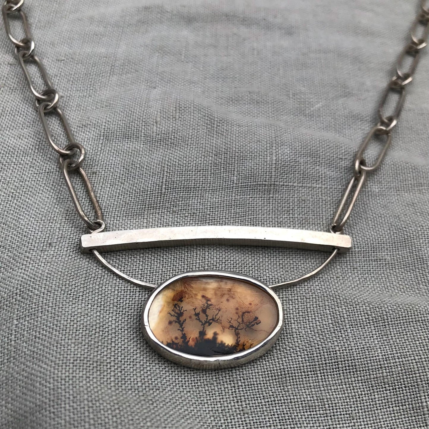 Dendritic agate necklace on handmade paperclip chain in argentium sterling silver no. 1