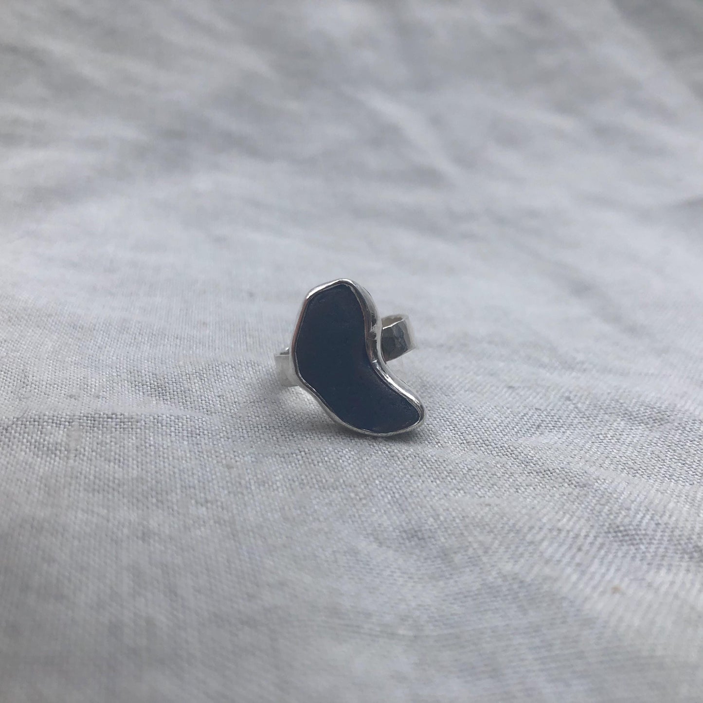 Freeform blue sea glass ring in argentium sterling silver // Bean-shaped found beach glass ring // U.S. size 5