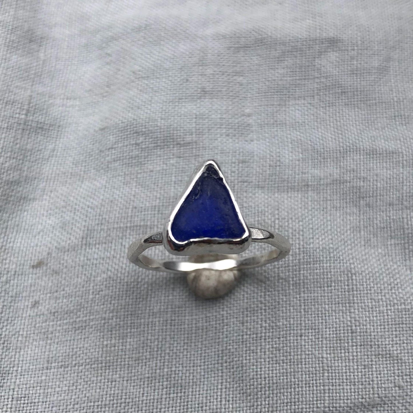 Electric blue sea glass ring in argentium sterling silver // Found beach glass ring // U.S. size 7 1/2