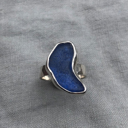 Freeform blue sea glass ring in argentium sterling silver // Bean-shaped found beach glass ring // U.S. size 5