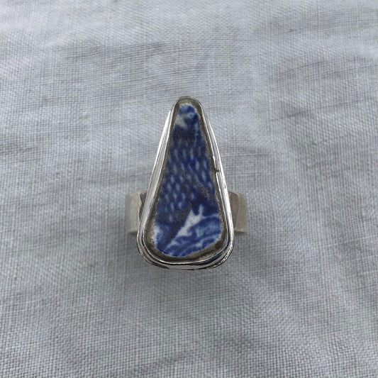 Blue and white sea pottery ring in argentium sterling silver // Wide band sea pottery ring // U.S. size 7 1/2