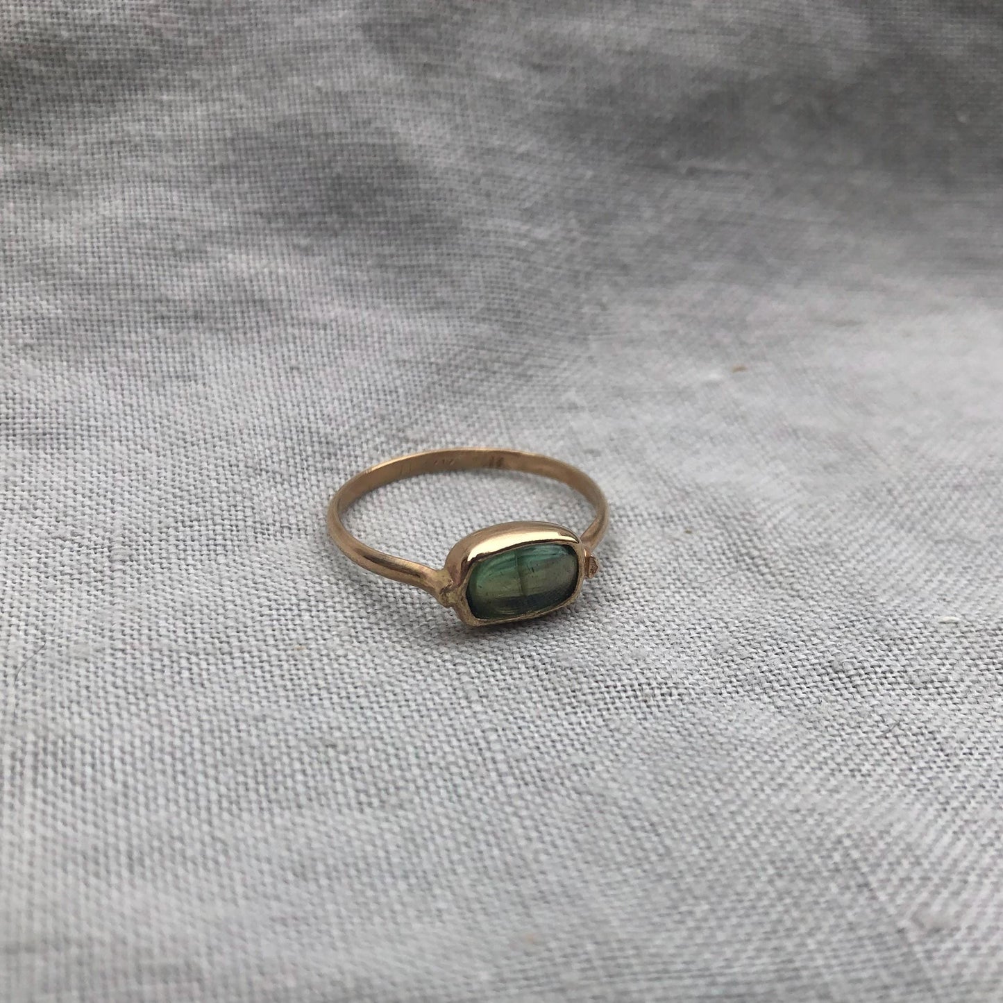 Solid gold green tourmaline ring // U.S. size 6 1/2 // October birthstone ring // Pear green tourmaline ring