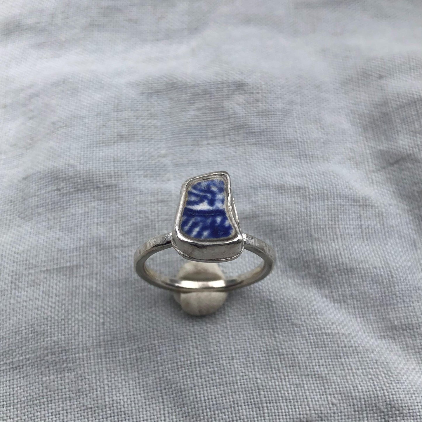 Blue and white sea pottery ring in argentium sterling silver // Beach found ceramic ring // U.S. size 6 1/4