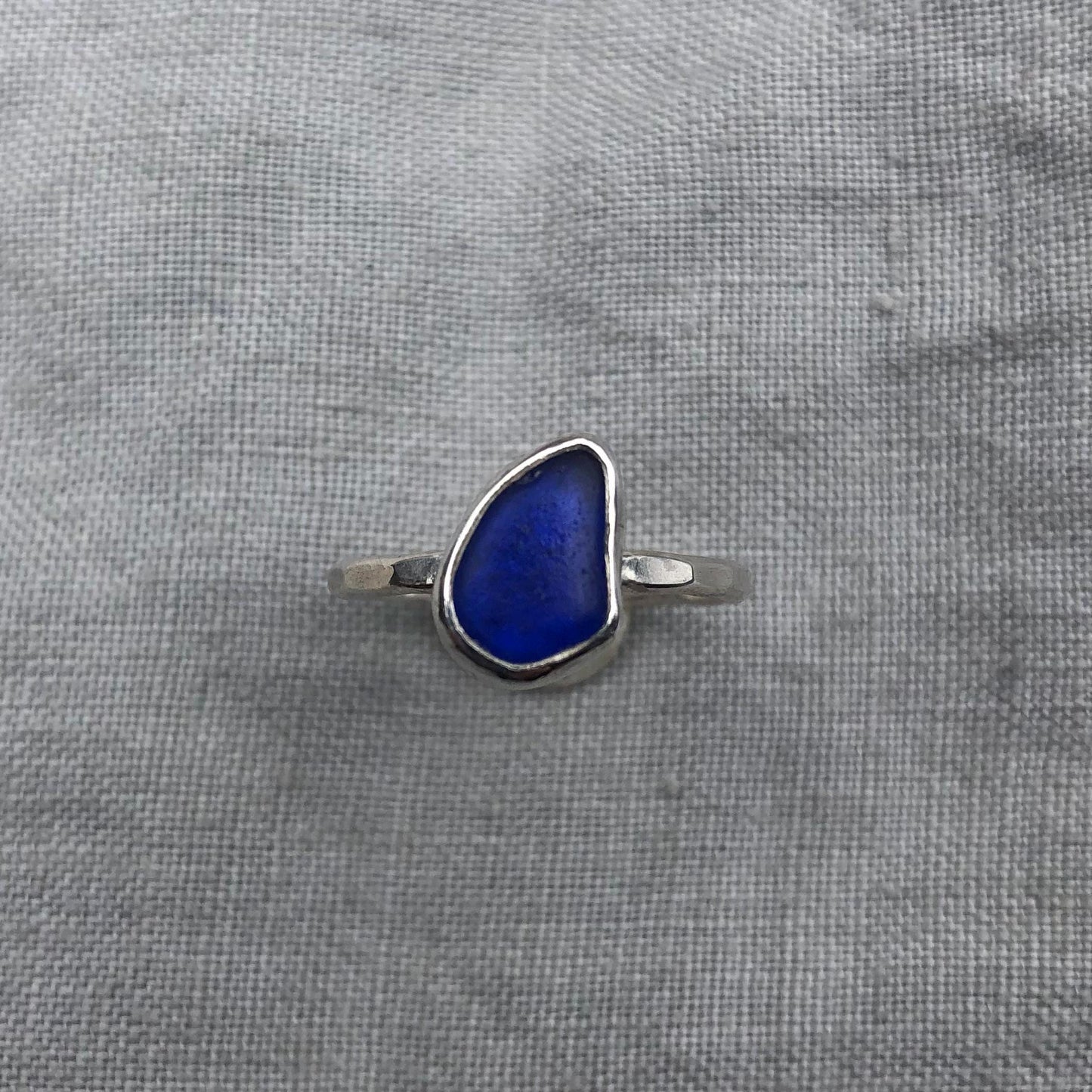 Electric blue sea glass ring in argentium sterling silver // Found beach glass ring // U.S. size 6 1/2