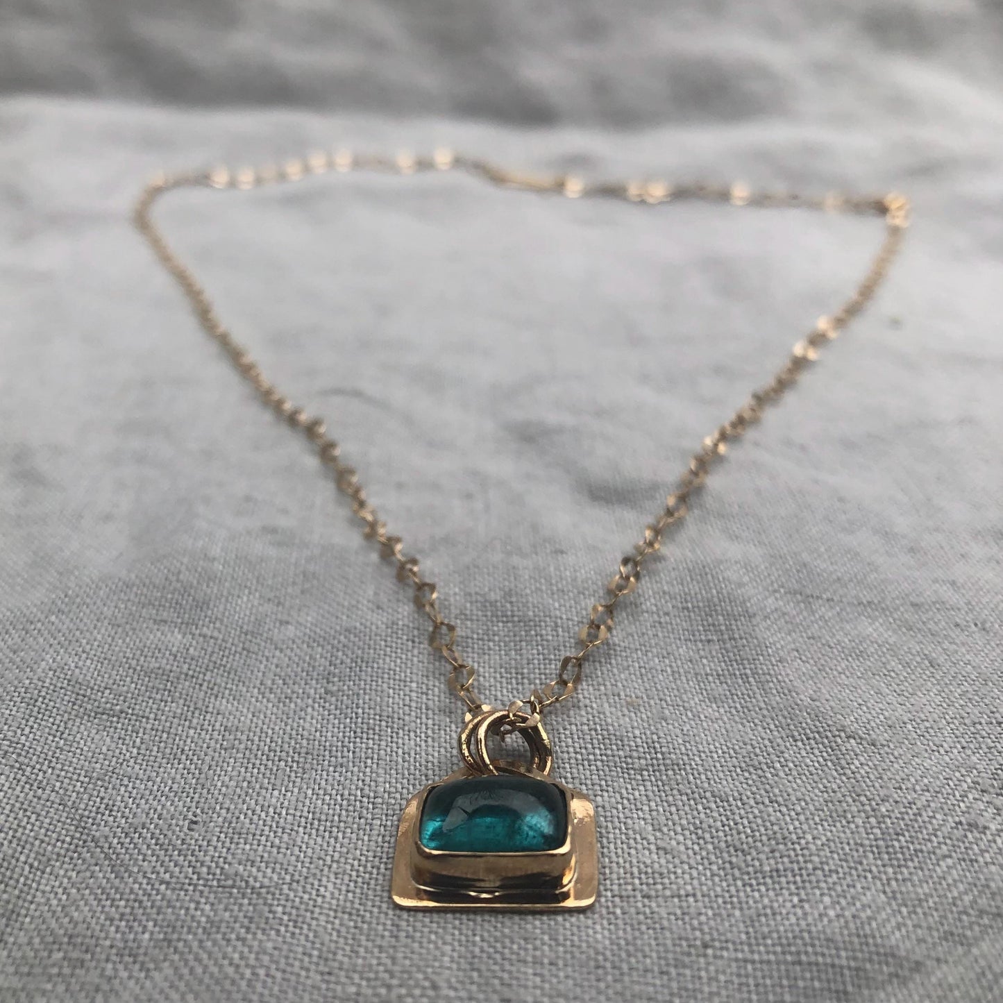Solid gold teal green tourmaline pendant // 14k blue-green tourmaline necklace