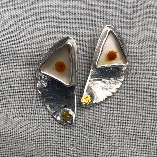 Mixed-metal dendritic agate earrings in argentium sterling silver with 24 karat gold