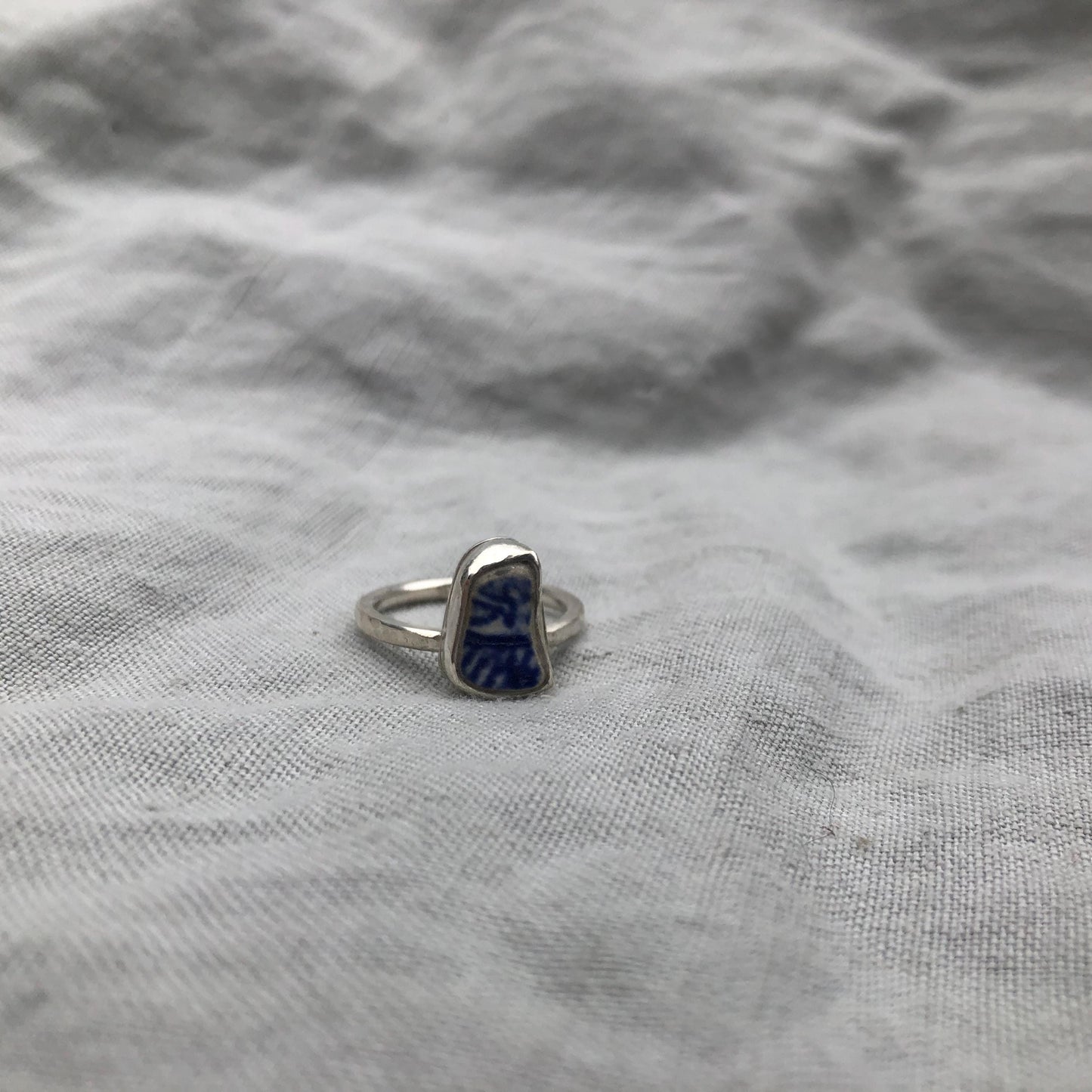 Blue and white sea pottery ring in argentium sterling silver // Beach found ceramic ring // U.S. size 6 1/4