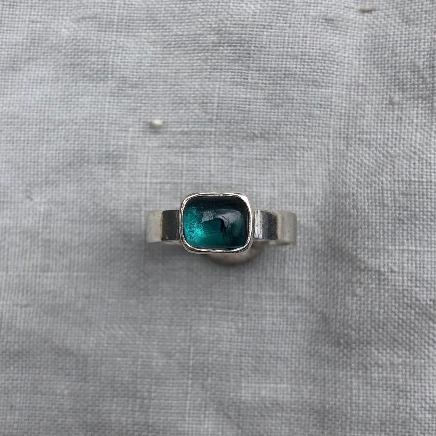 Teal green tourmaline cabochon ring in argentium sterling silver // U.S. size 6