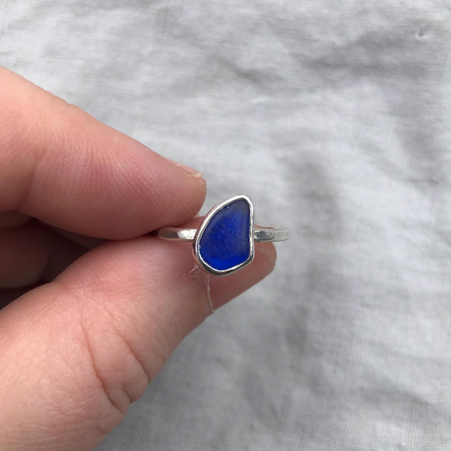 Electric blue sea glass ring in argentium sterling silver // Found beach glass ring // U.S. size 6 1/2