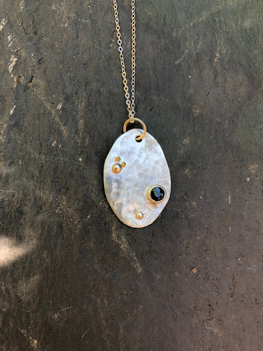 Sapphire tag pendant in argentium sterling silver and 24K gold