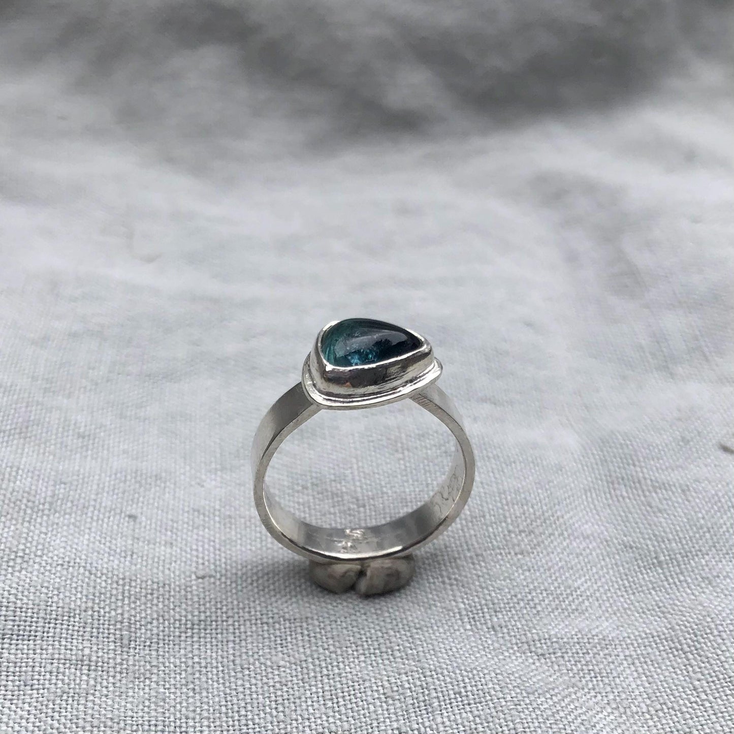 Teal blue-green tourmaline cabochon ring in argentium sterling silver // U.S. size 7