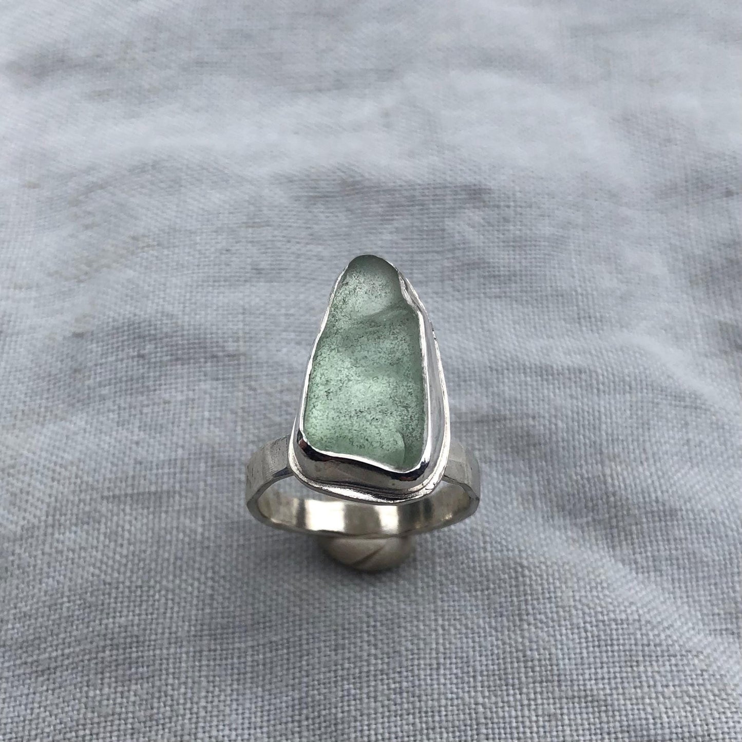 Aqua green sea glass ring in argentium sterling silver // Found beach glass ring // U.S. size 5 3/4