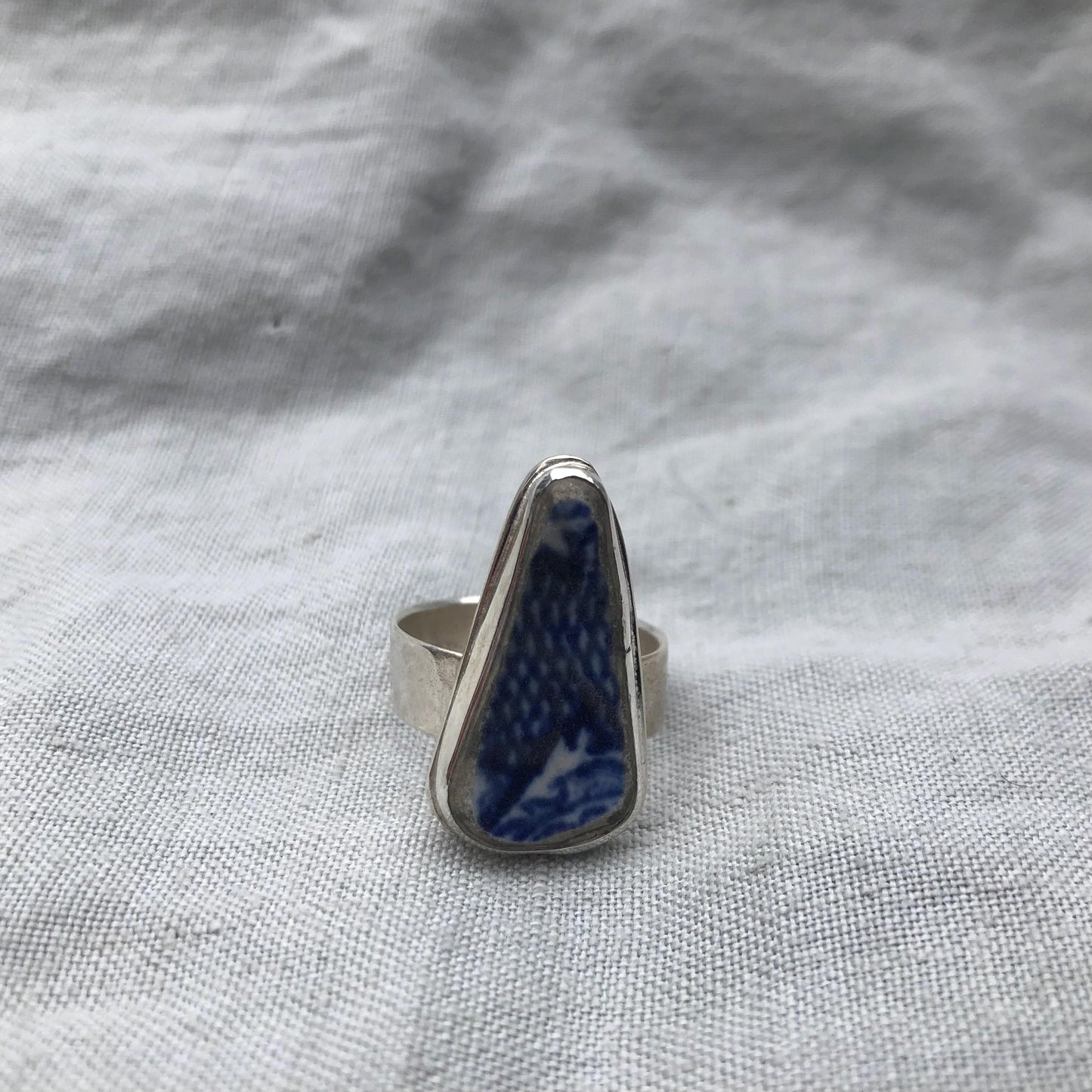 Blue and white sea pottery ring in argentium sterling silver // Wide band sea pottery ring // U.S. size 7 1/2