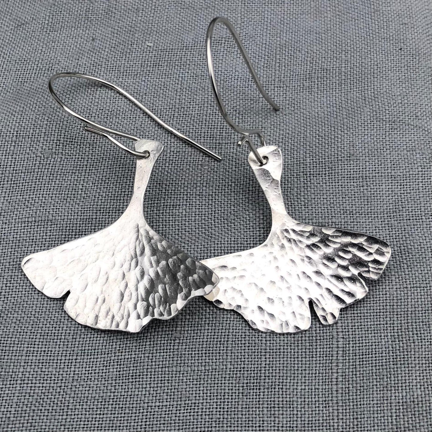 Ginkgo leaf earrings in hammered argentium sterling silver // Botanical earrings