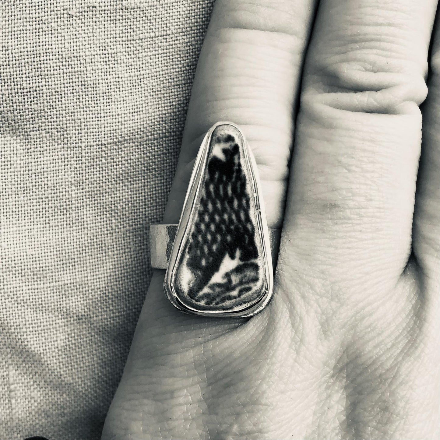 Blue and white sea pottery ring in argentium sterling silver // Wide band sea pottery ring // U.S. size 7 1/2