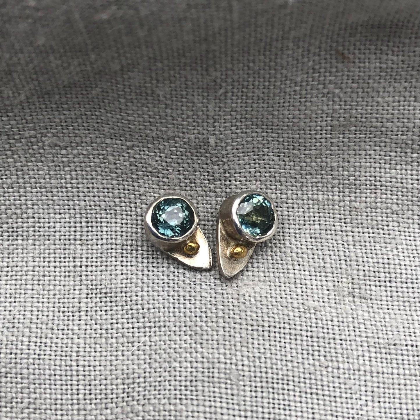 Natural earth-mined sapphire stud earrings in argentium sterling silver and 24 karat gold
