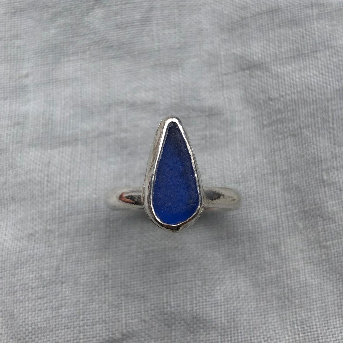 Blue sea glass ring in argentium sterling silver // Found beach glass ring // U.S. size 7