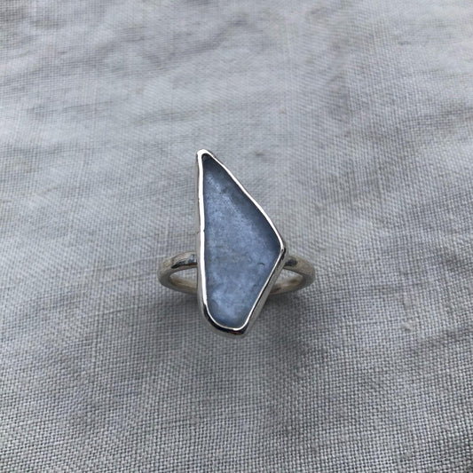 Light blue sea glass ring in argentium sterling silver // Geometric sea glass ring // Found beach glass ring // U.S. size 6 3/4