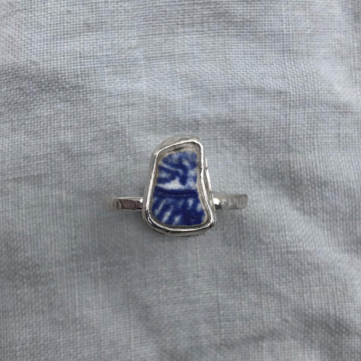 Blue and white sea pottery ring in argentium sterling silver // Beach found ceramic ring // U.S. size 6 1/4