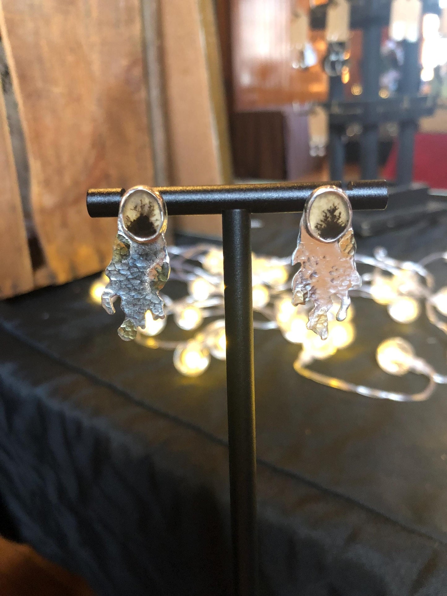 Mixed-metal dendritic agate earrings in argentium sterling silver and 24 karat gold with high-quality scenic stones