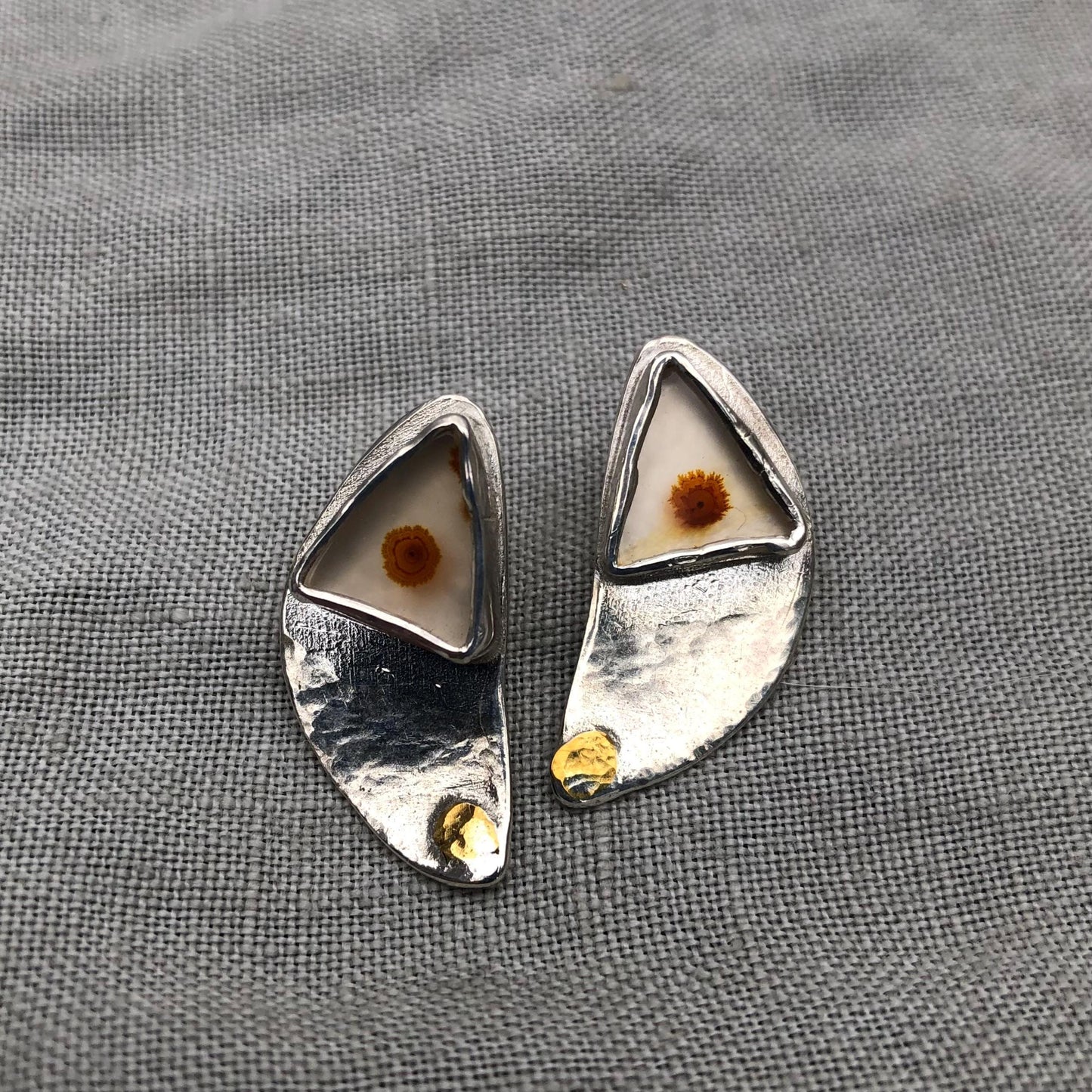 Mixed-metal dendritic agate earrings in argentium sterling silver with 24 karat gold