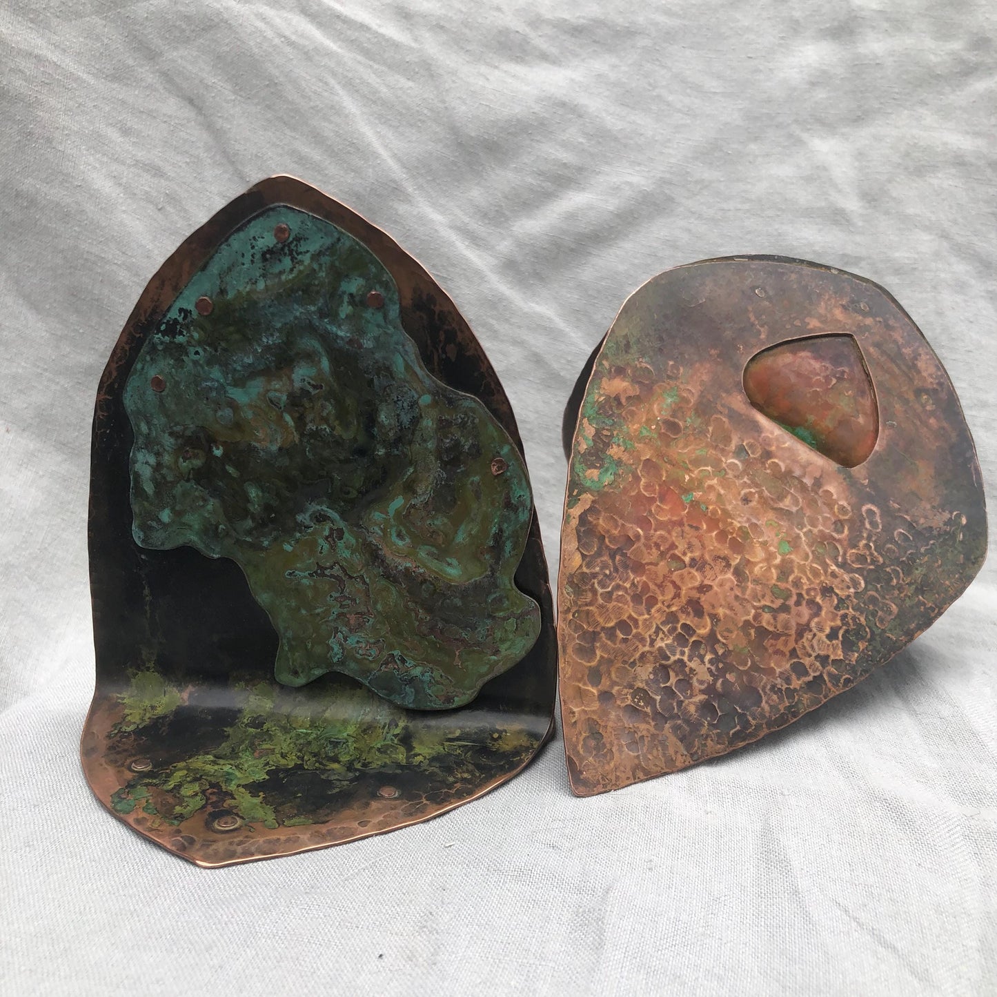 Riveted copper bookends with verdigris patina
