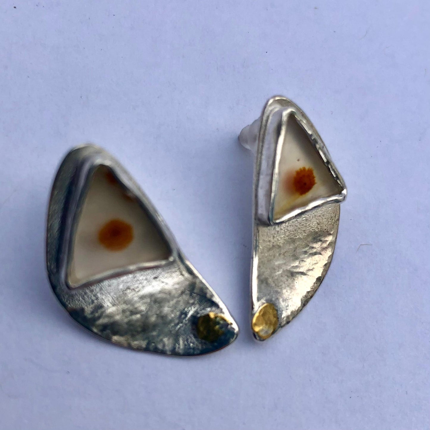 Mixed-metal dendritic agate earrings in argentium sterling silver with 24 karat gold