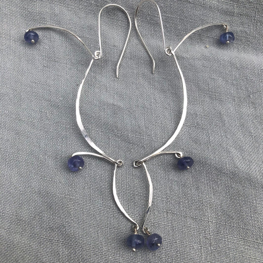 Kinetic sculptural tanzanite earrings in argentium sterling silver // Long Calder Earrings