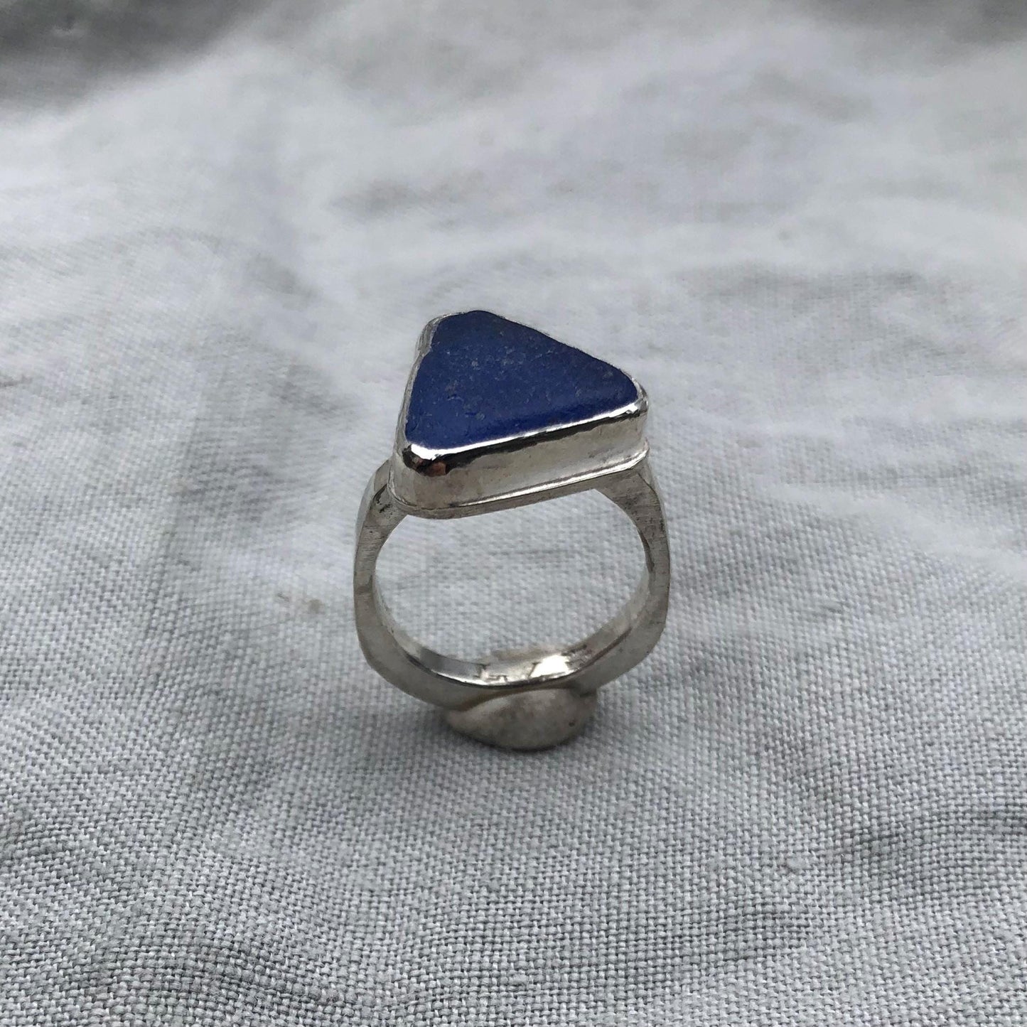 Blue sea glass ring in argentium sterling silver // Found beach glass ring with a contoured band // U.S. size 5