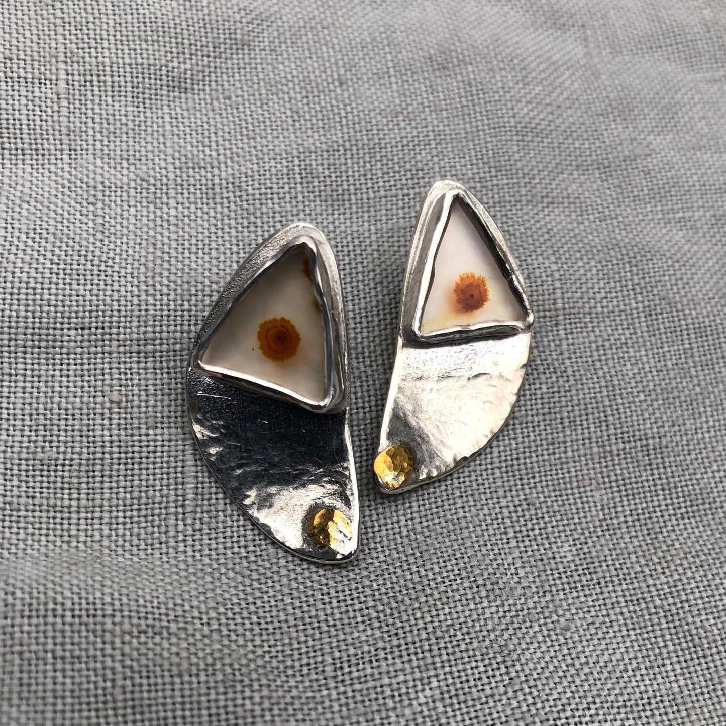 Mixed-metal dendritic agate earrings in argentium sterling silver with 24 karat gold
