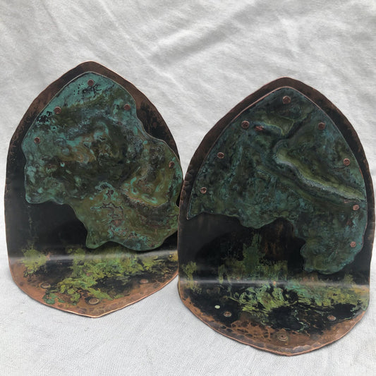 Riveted copper bookends with verdigris patina