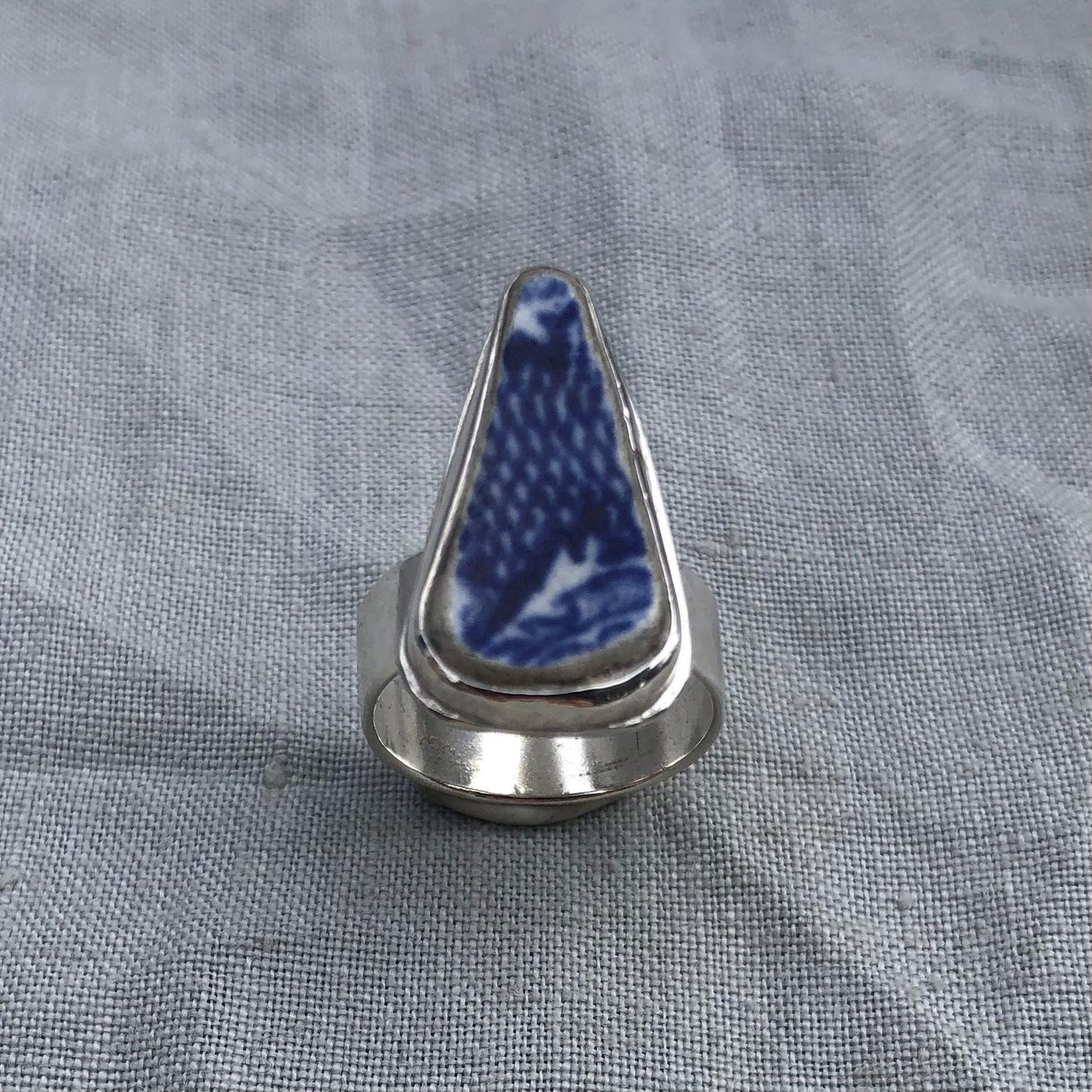 Blue and white sea pottery ring in argentium sterling silver // Wide band sea pottery ring // U.S. size 7 1/2