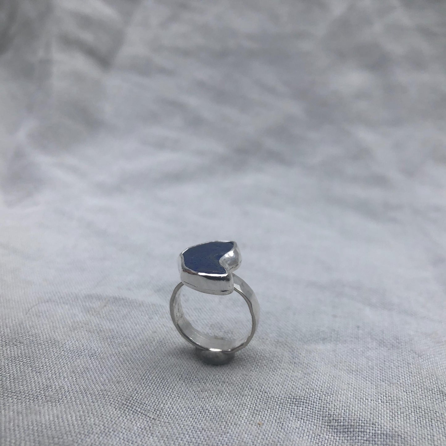 Freeform blue sea glass ring in argentium sterling silver // Bean-shaped found beach glass ring // U.S. size 5