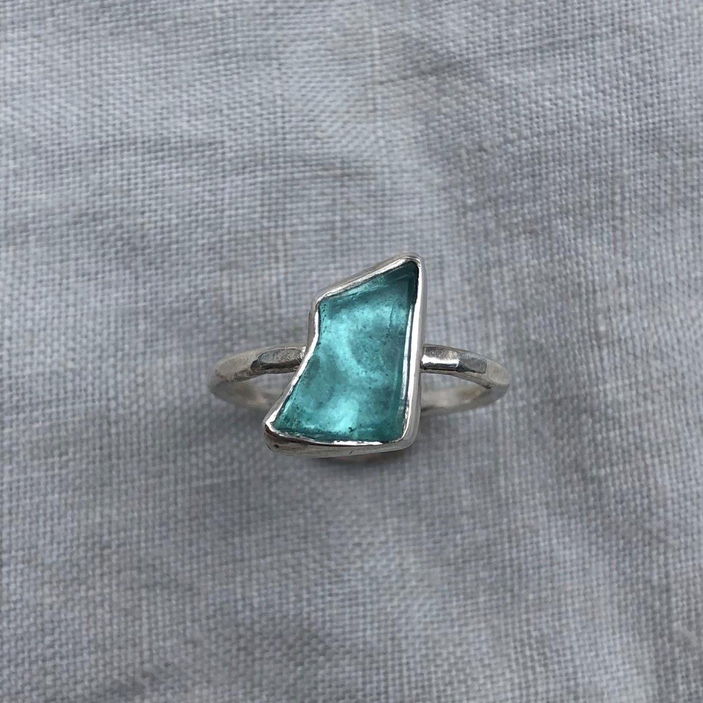 Turquoise colored sea glass ring in argentium sterling silver // Aqua beach glass ring // Found sea glass ring // U.S. size 6