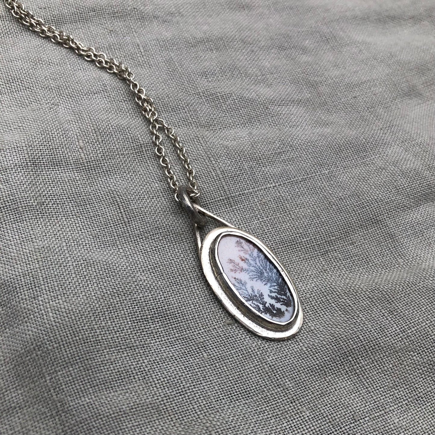 Milky dendritic agate necklace in argentium sterling silver