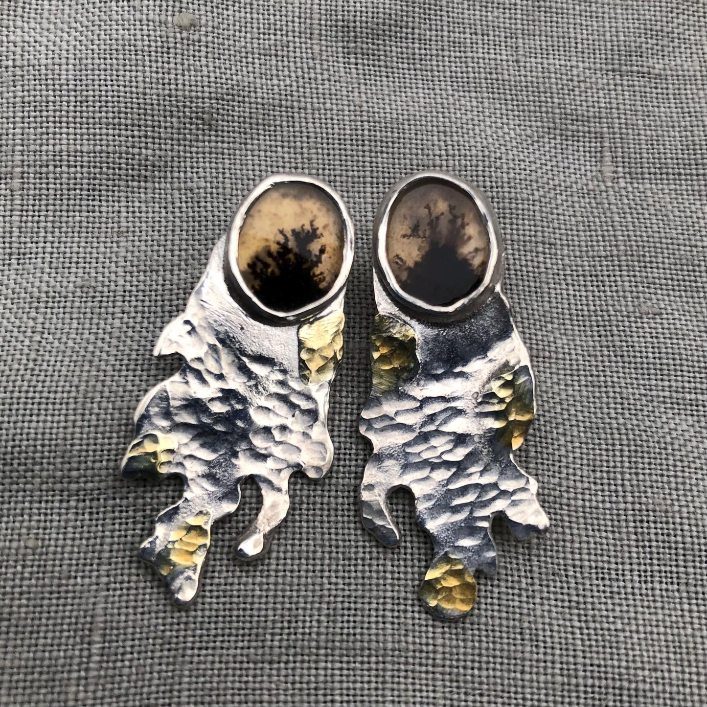 Mixed-metal dendritic agate earrings in argentium sterling silver and 24 karat gold with high-quality scenic stones