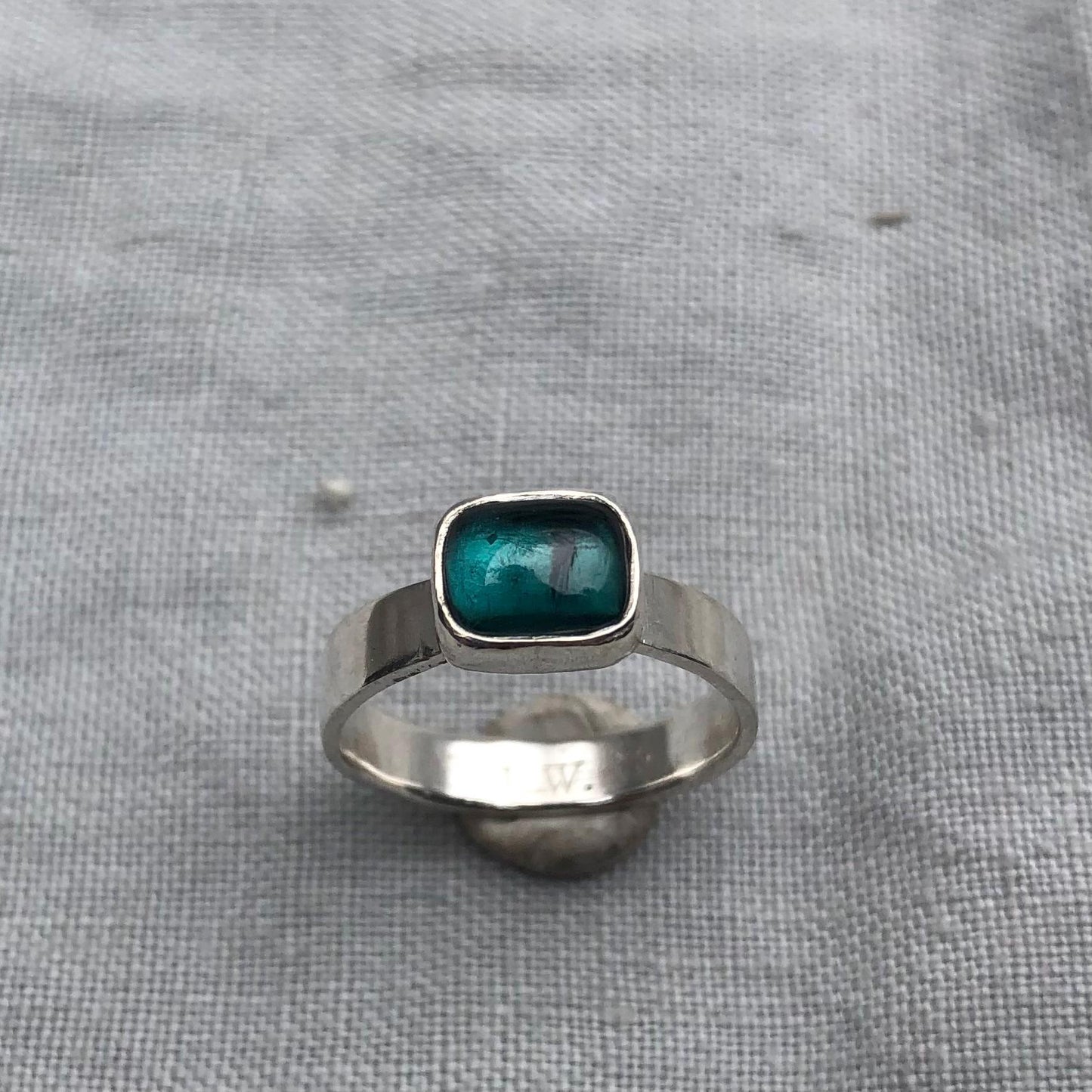Teal green tourmaline cabochon ring in argentium sterling silver // U.S. size 6