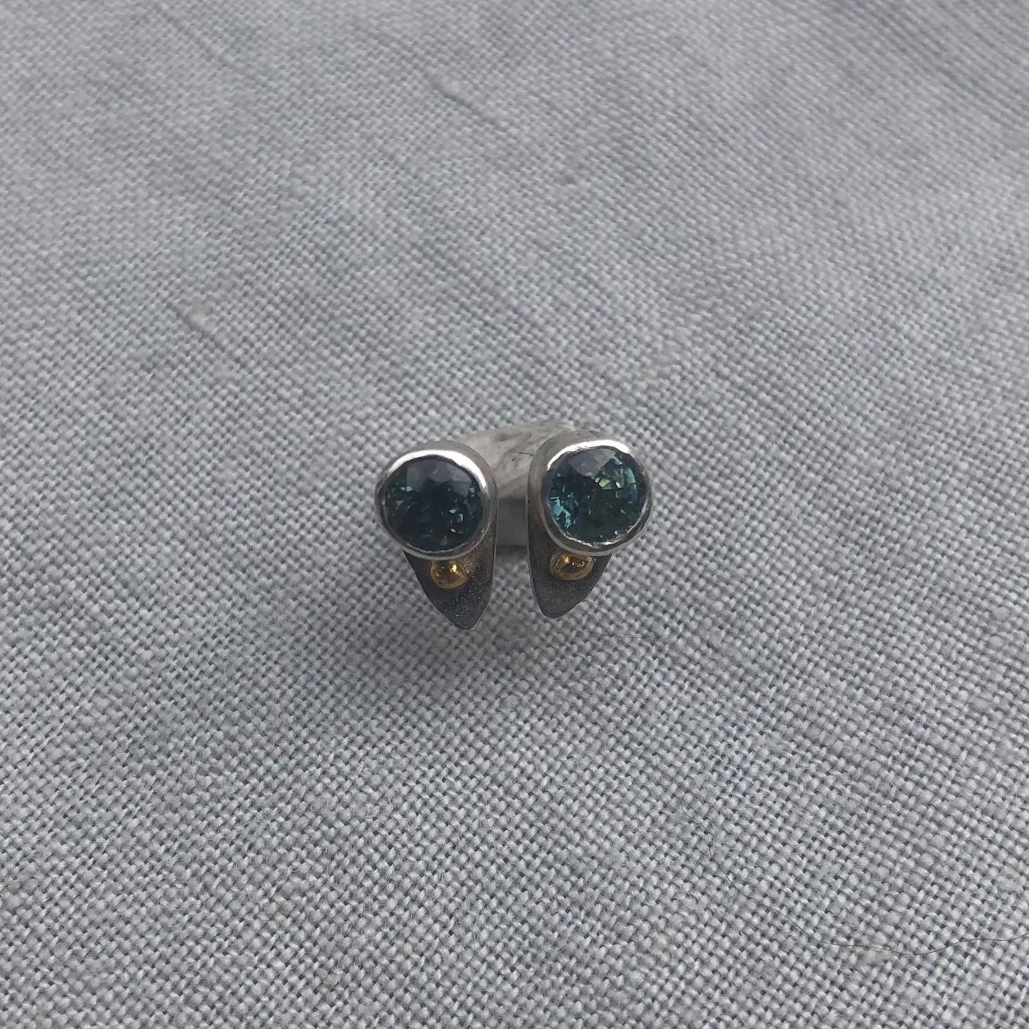 Natural earth-mined sapphire stud earrings in argentium sterling silver and 24 karat gold
