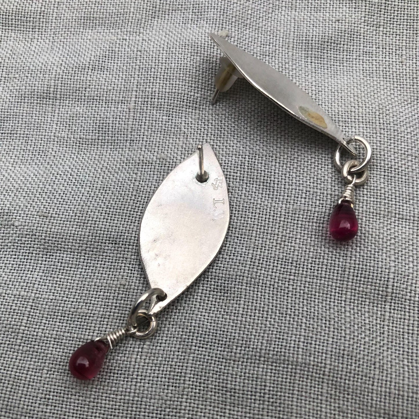 Mixed-metal garnet earrings in argentium sterling silver and 24 karat gold