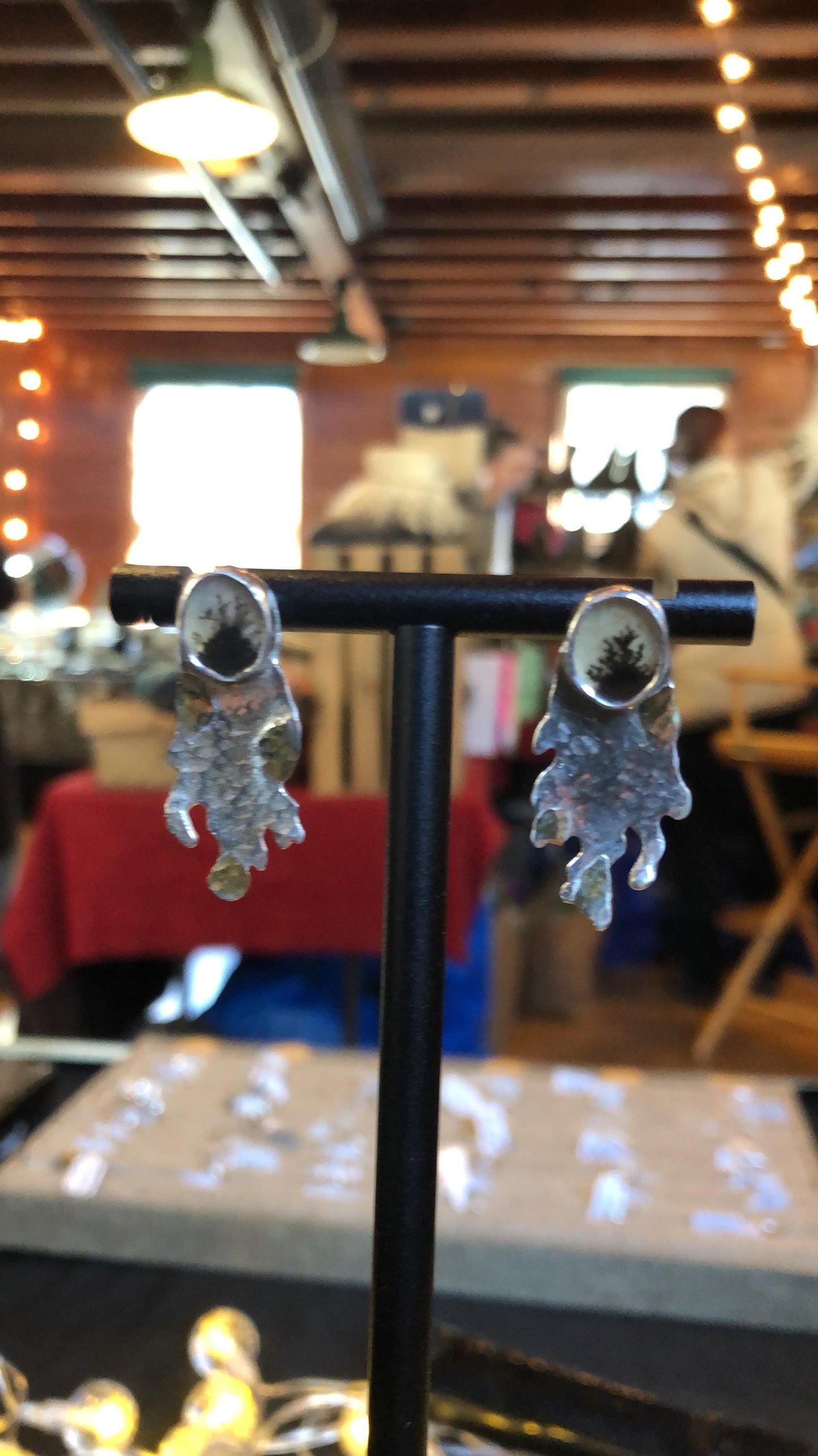 Mixed-metal dendritic agate earrings in argentium sterling silver and 24 karat gold with high-quality scenic stones