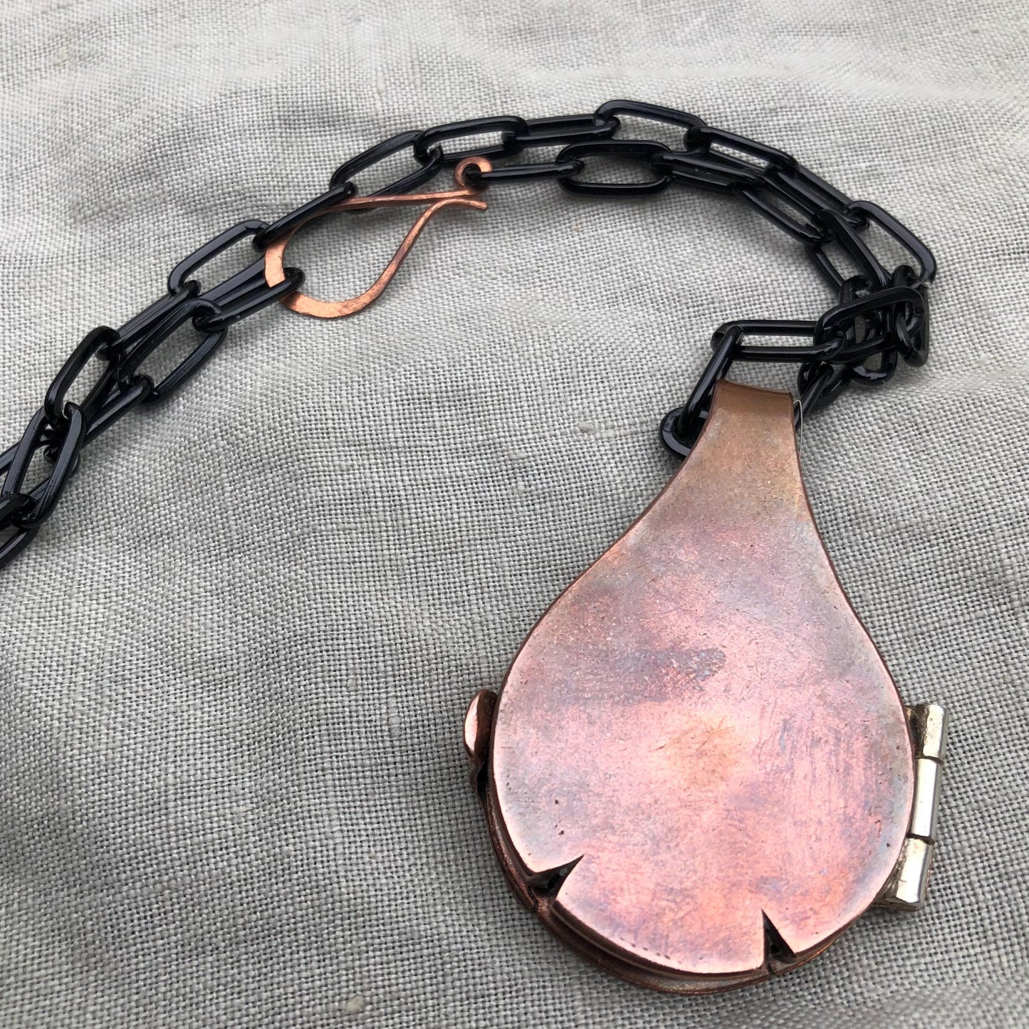 Fiber Artist's Locket in copper with an anodized aluminum chain