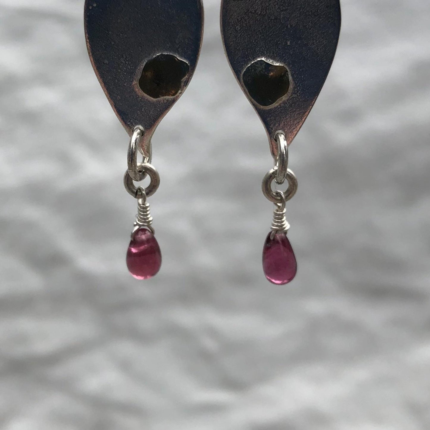 Mixed-metal garnet earrings in argentium sterling silver and 24 karat gold